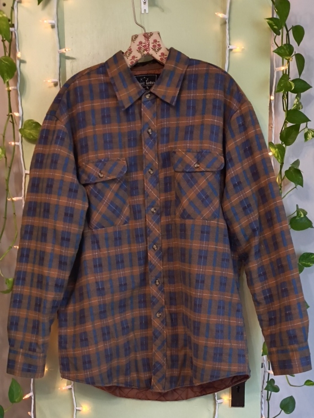 Men's Northwest Territory Plaid Flannel Quilted Blue Brown Button Up Jacket L